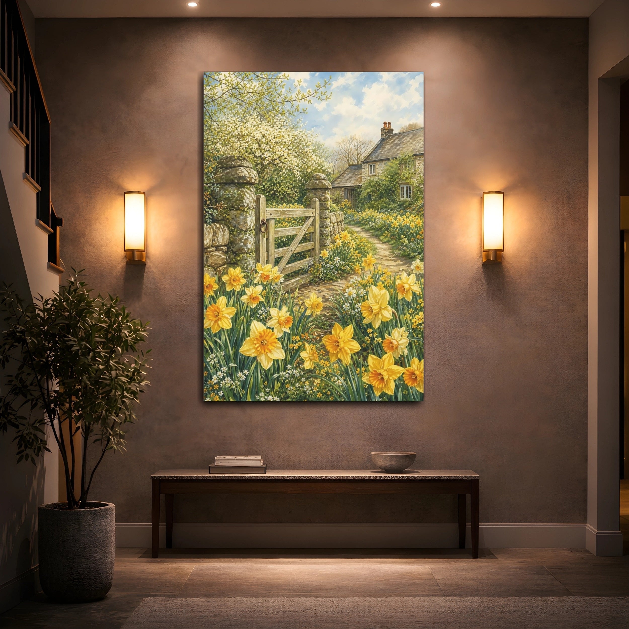 Mockup 2. Floral Daffodils Yellow Spring shown as stretched canvas wall art