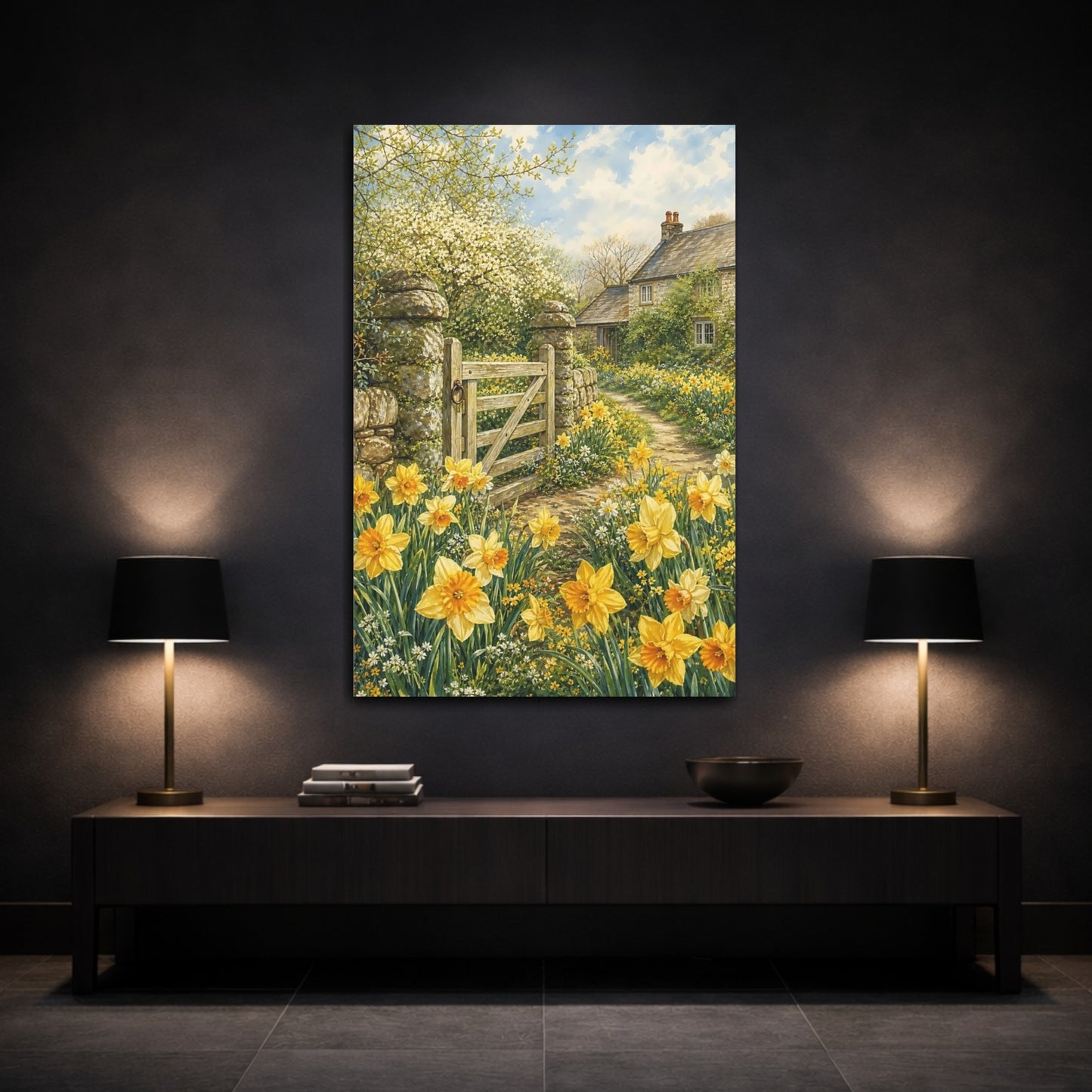 Mockup 3. Floral Daffodils Yellow Spring shown as stretched canvas wall art