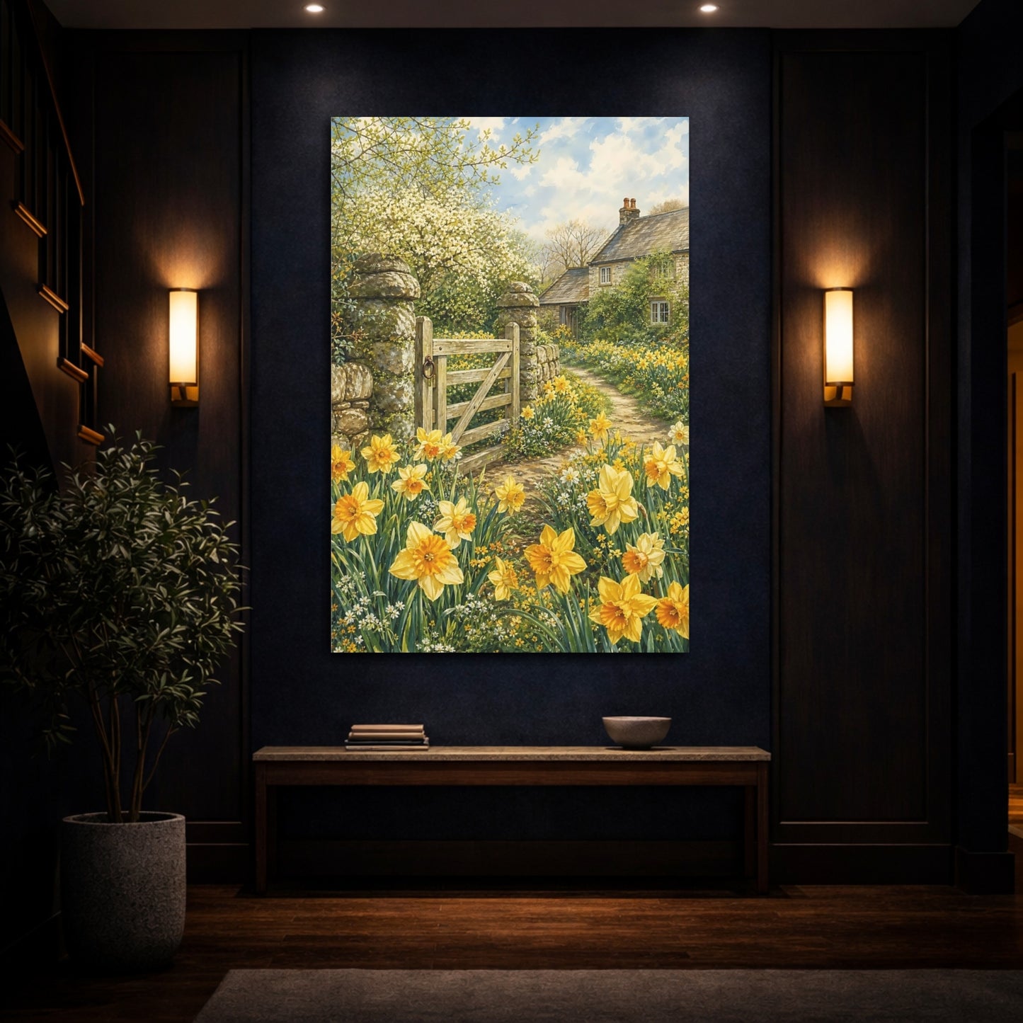 Mockup 4. Floral Daffodils Yellow Spring shown as stretched canvas wall art