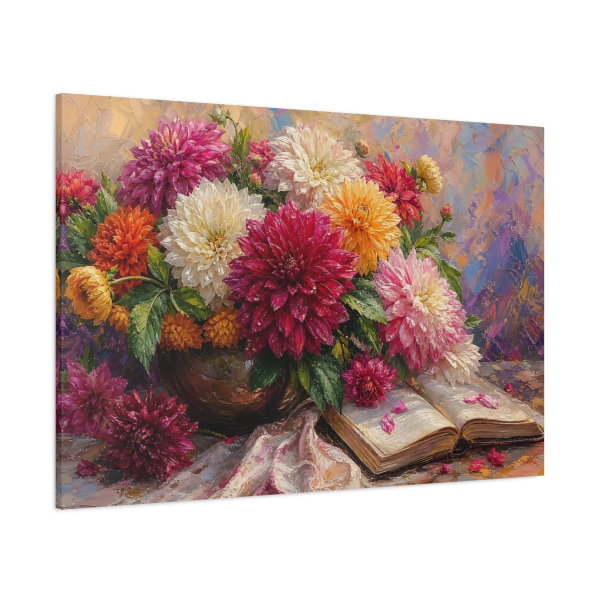Side Mockup 1. Floral Dahlia Bouquet Colorful Dahlia Bouquet shown as stretched canvas wall art