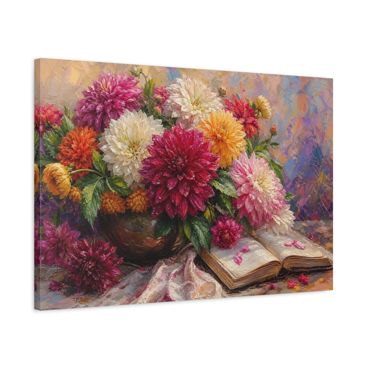 Side Mockup 2. Floral Dahlia Bouquet Colorful Dahlia Bouquet shown as stretched canvas wall art