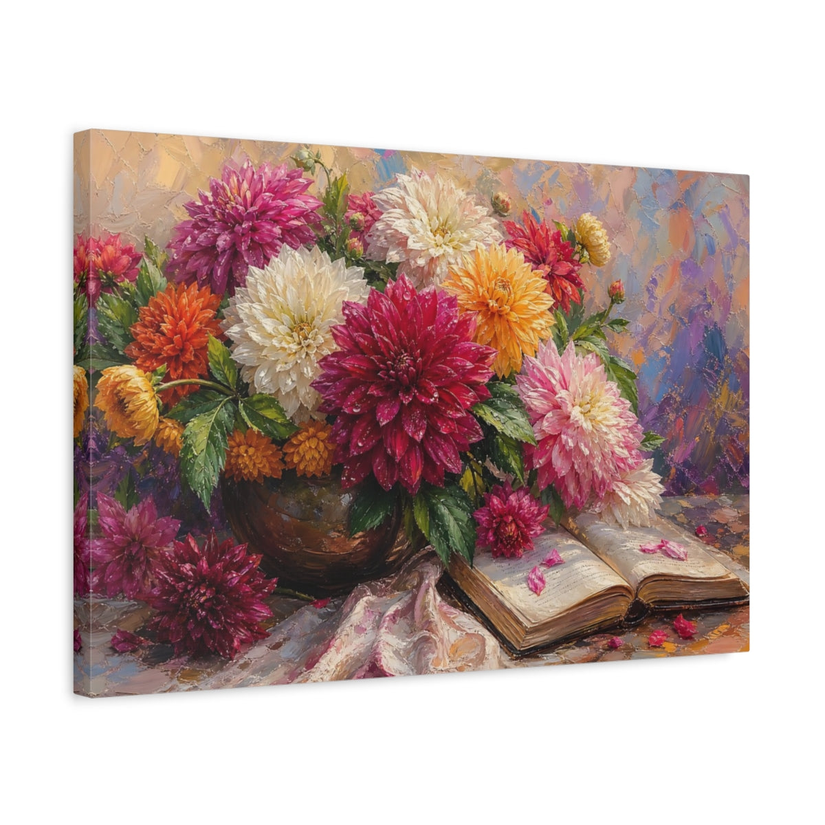 Side Mockup 3. Floral Dahlia Bouquet Colorful Dahlia Bouquet shown as stretched canvas wall art