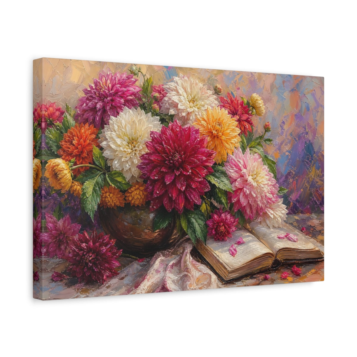 Side Mockup 4. Floral Dahlia Bouquet Colorful Dahlia Bouquet shown as stretched canvas wall art
