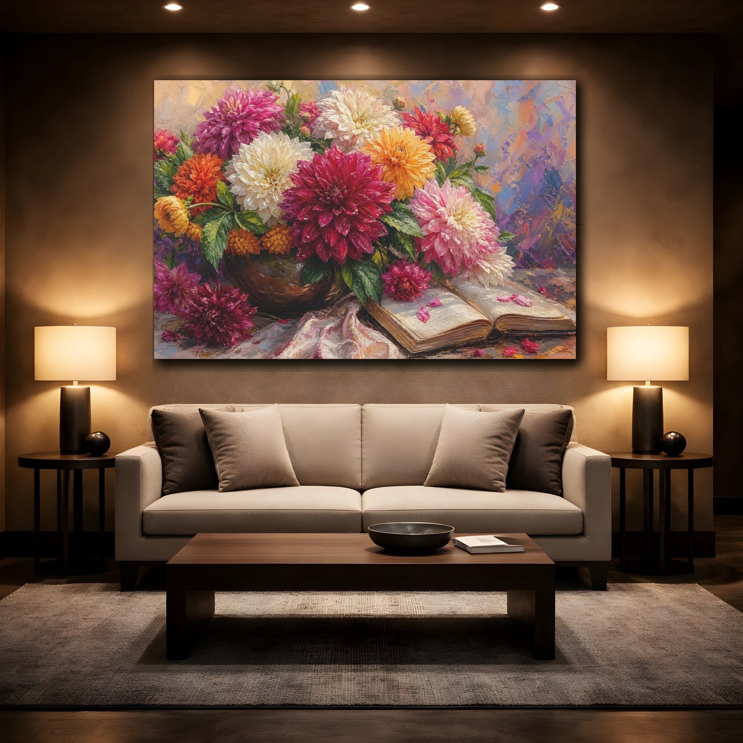 Mockup 2. Floral Dahlia Bouquet Colorful Dahlia Bouquet shown as stretched canvas wall art