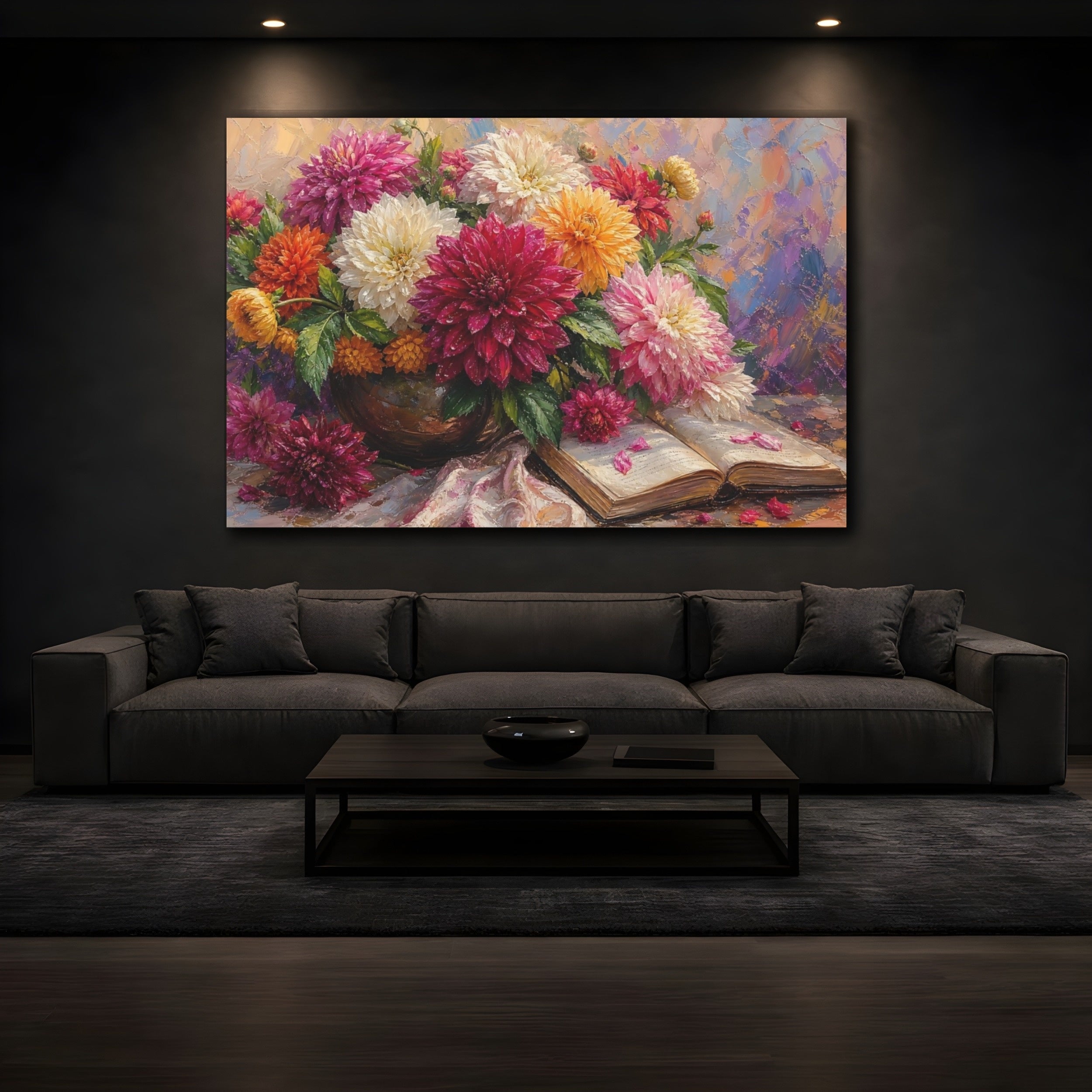 Mockup 3. Floral Dahlia Bouquet Colorful Dahlia Bouquet shown as stretched canvas wall art