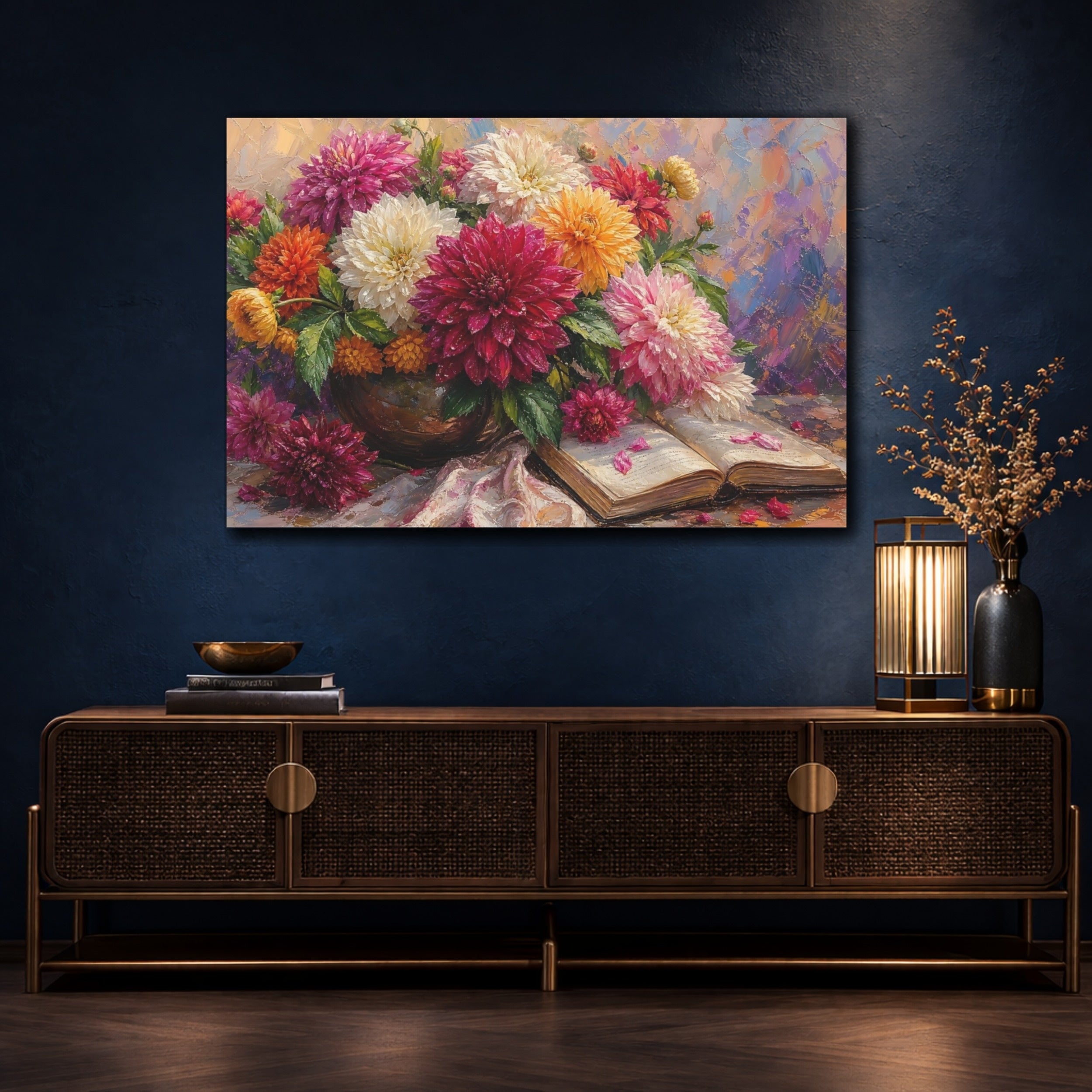 Mockup 4. Floral Dahlia Bouquet Colorful Dahlia Bouquet shown as stretched canvas wall art