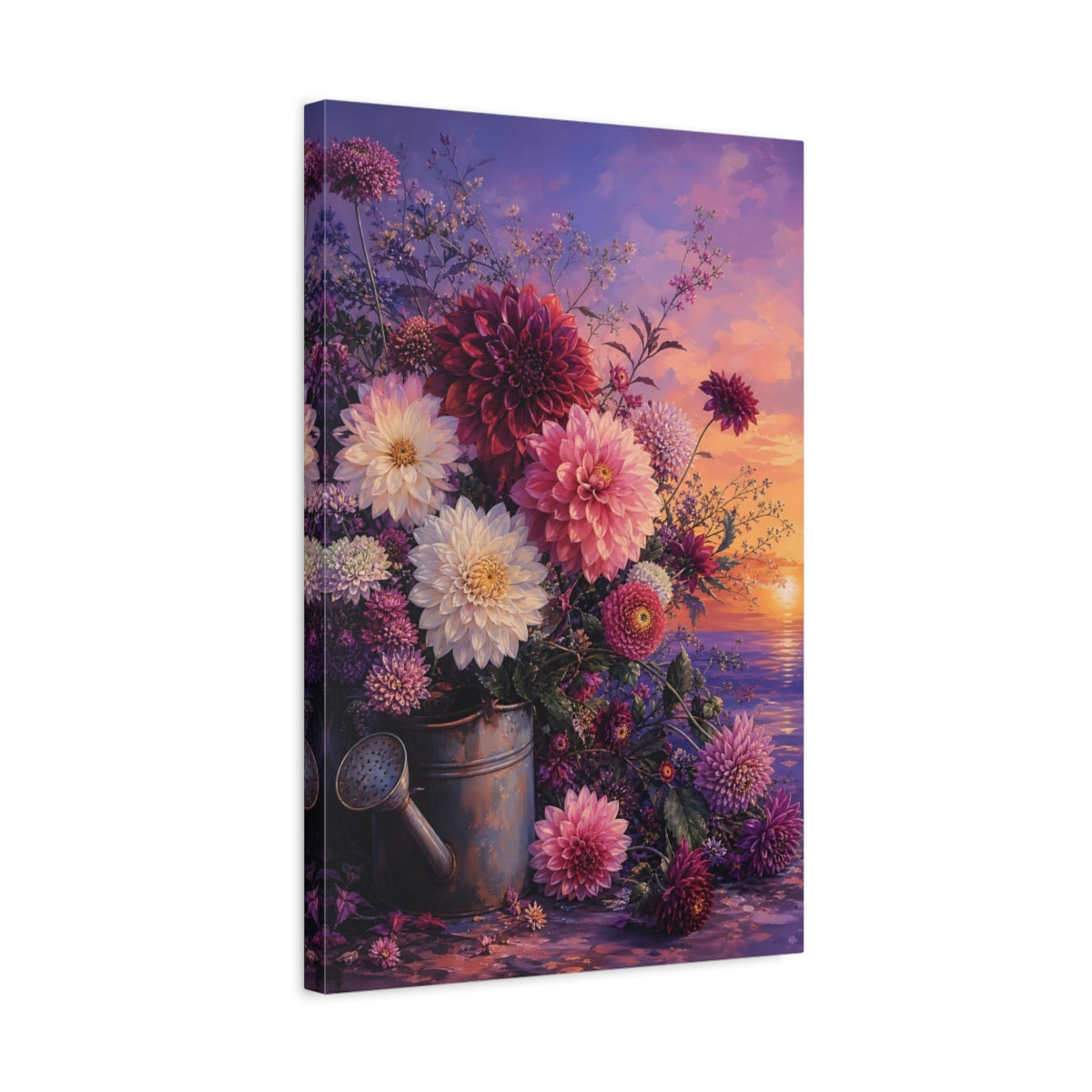 Side Mockup 3. Floral Dahlia Bouquet Purple And Pink Floral shown as stretched canvas wall art