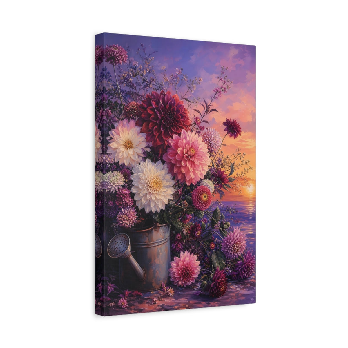 Side Mockup 4. Floral Dahlia Bouquet Purple And Pink Floral shown as stretched canvas wall art