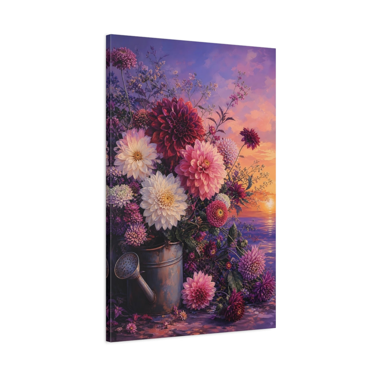 Main Mockup. Floral Dahlia Bouquet Purple And Pink Floral shown as stretched canvas wall art