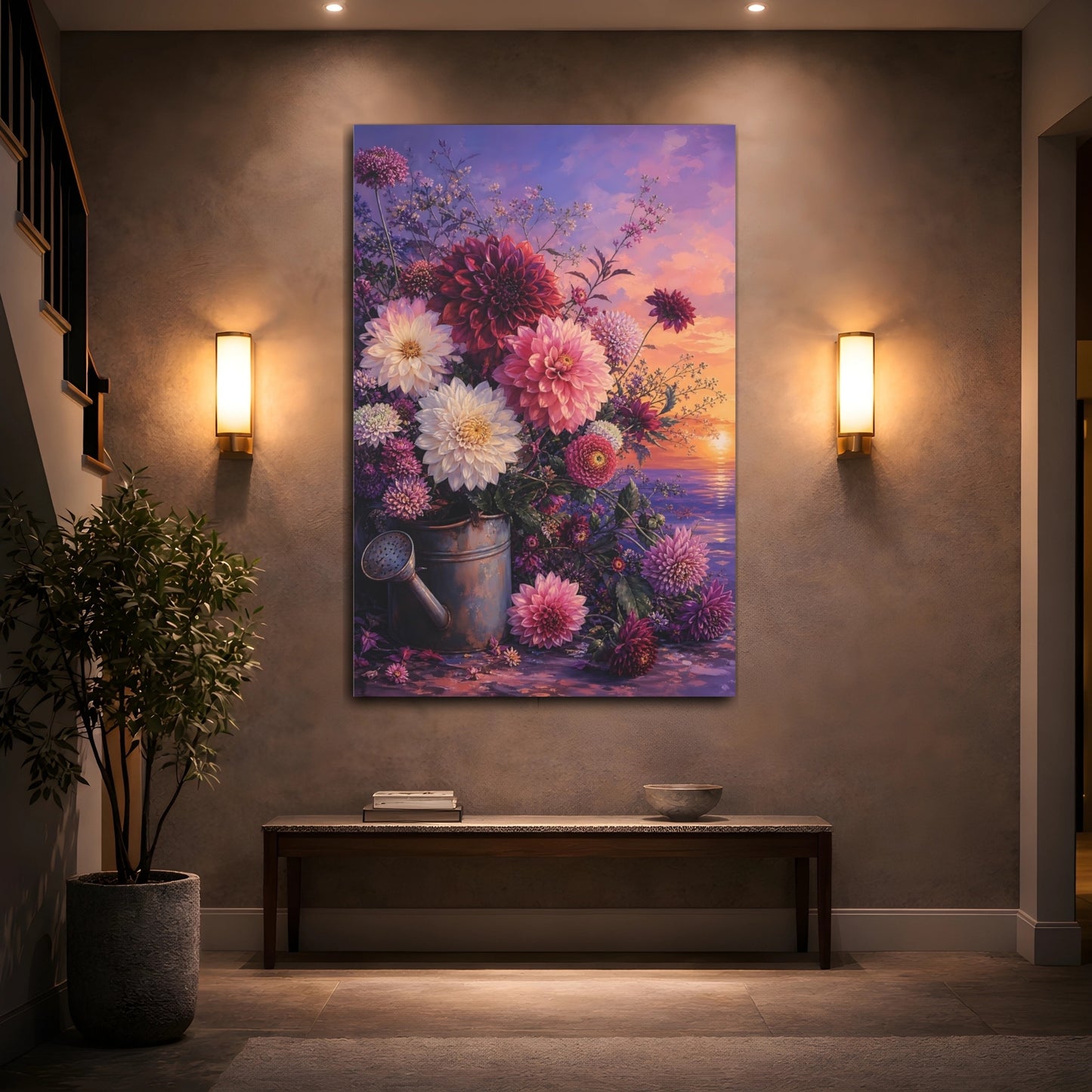 Mockup 2. Floral Dahlia Bouquet Purple And Pink Floral shown as stretched canvas wall art