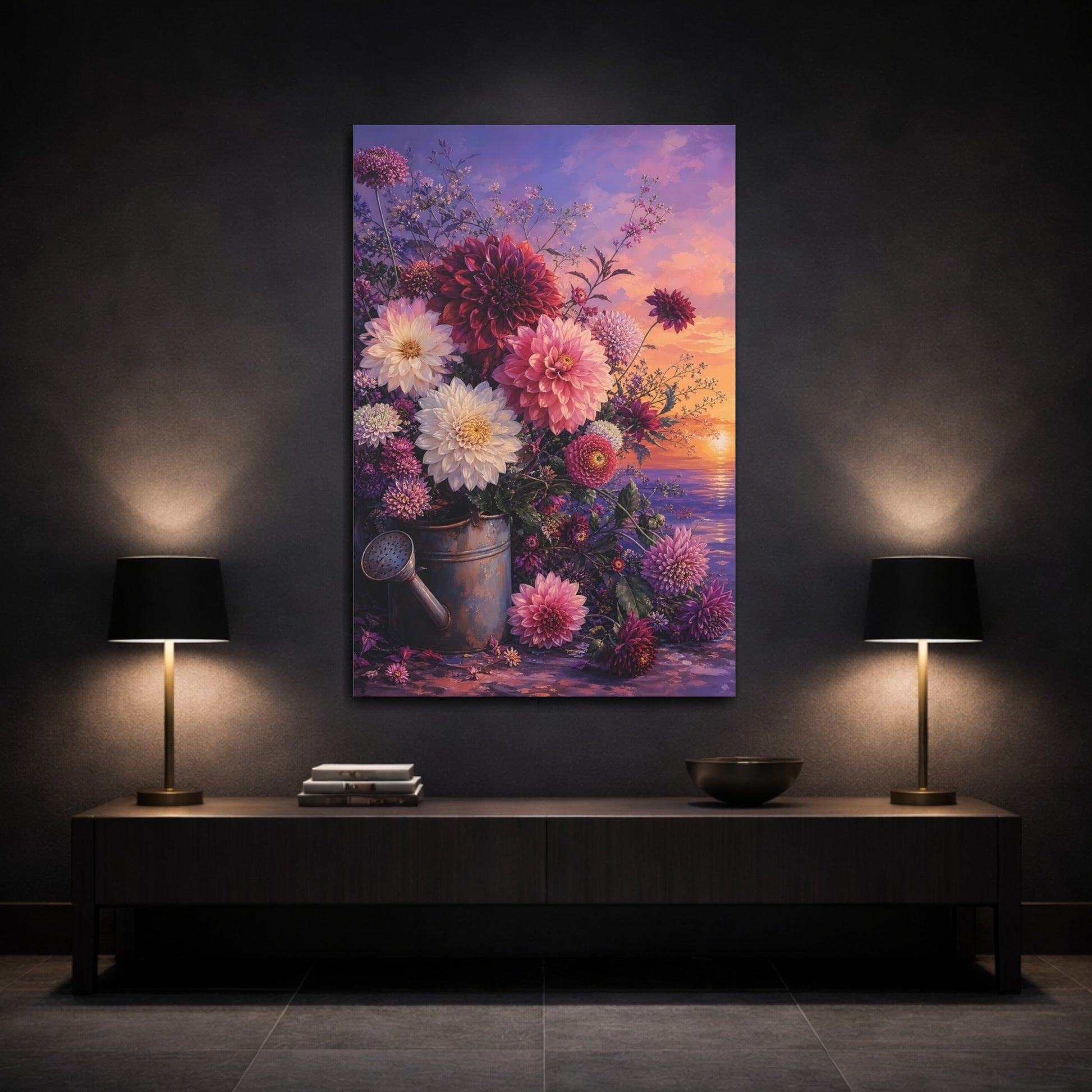 Mockup 3. Floral Dahlia Bouquet Purple And Pink Floral shown as stretched canvas wall art