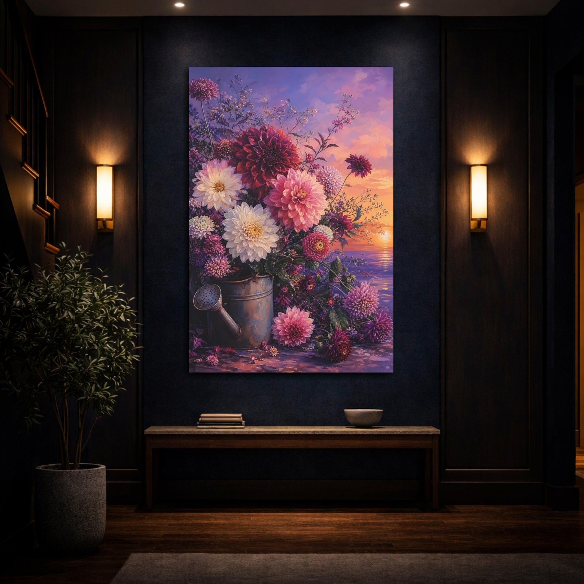 Mockup 4. Floral Dahlia Bouquet Purple And Pink Floral shown as stretched canvas wall art