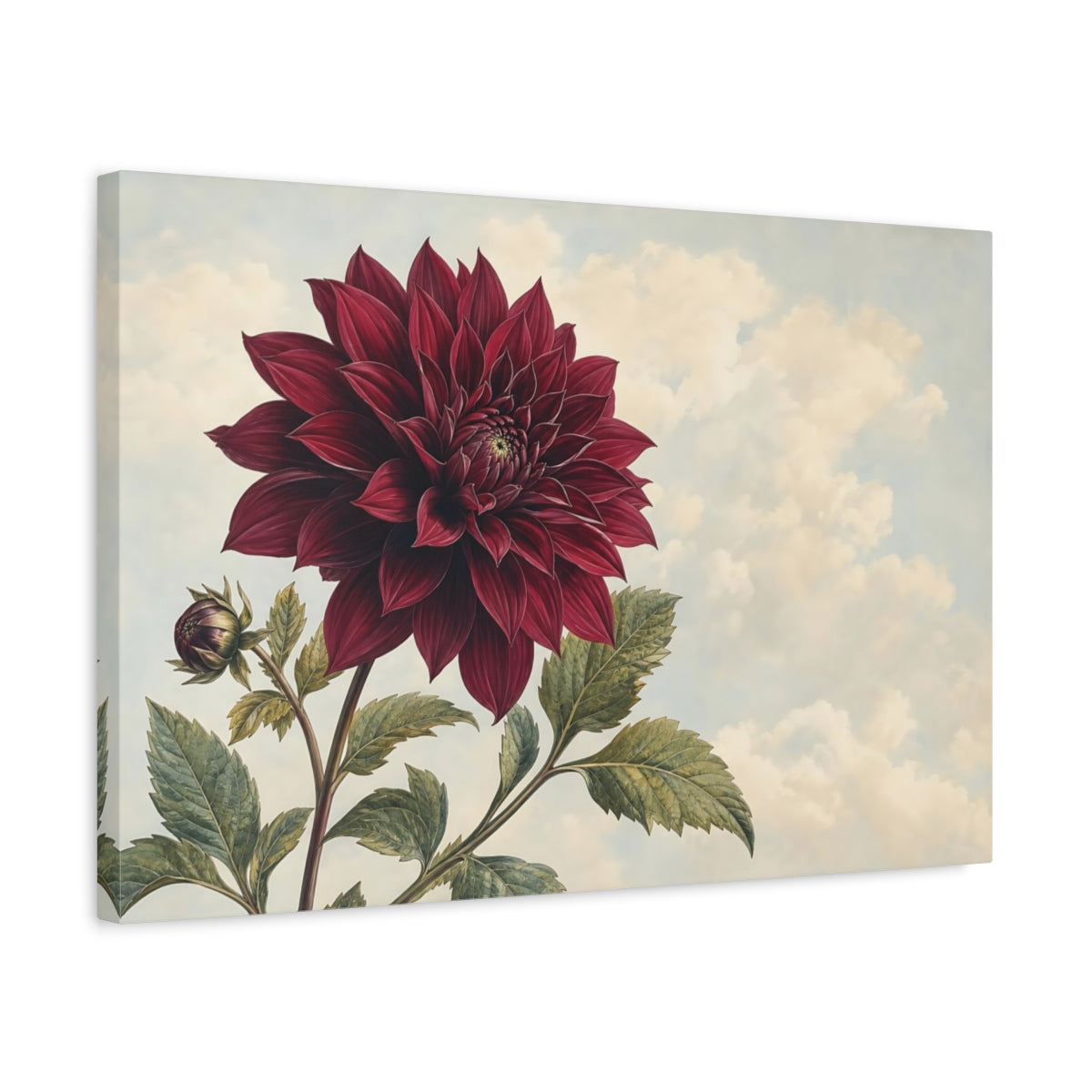 Side Mockup 3. Floral Dahlia Burgundy Dahlia shown as stretched canvas wall art