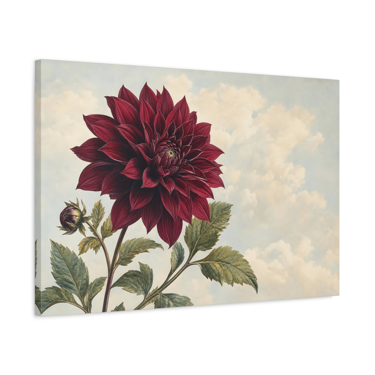 Side Mockup 2. Floral Dahlia Burgundy Dahlia shown as stretched canvas wall art