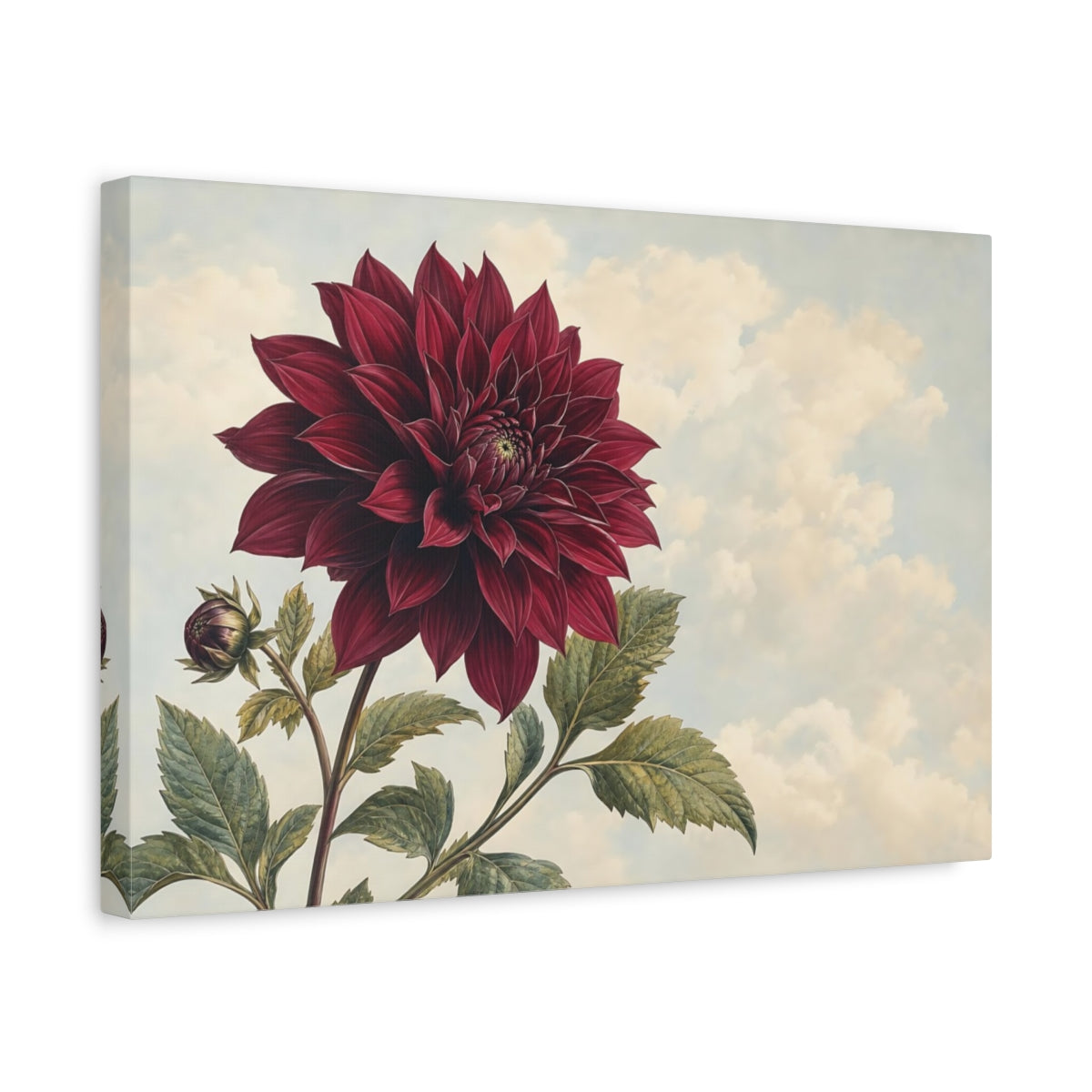 Side Mockup 4. Floral Dahlia Burgundy Dahlia shown as stretched canvas wall art