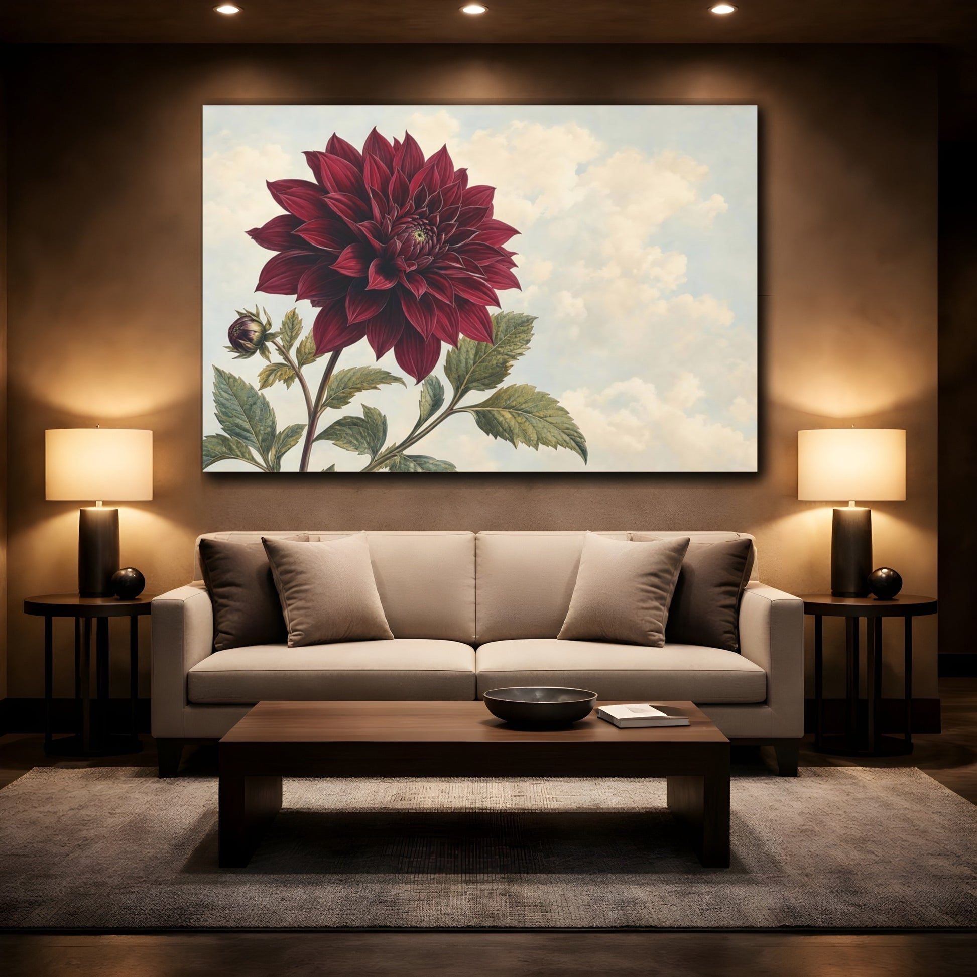 Mockup 2. Floral Dahlia Burgundy Dahlia shown as stretched canvas wall art