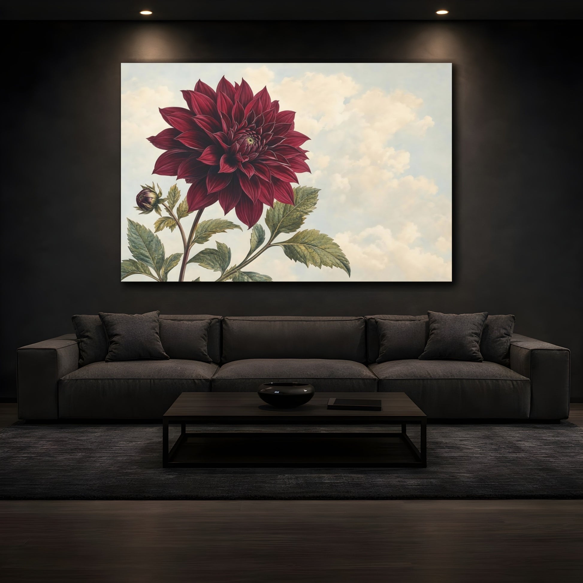 Mockup 3. Floral Dahlia Burgundy Dahlia shown as stretched canvas wall art