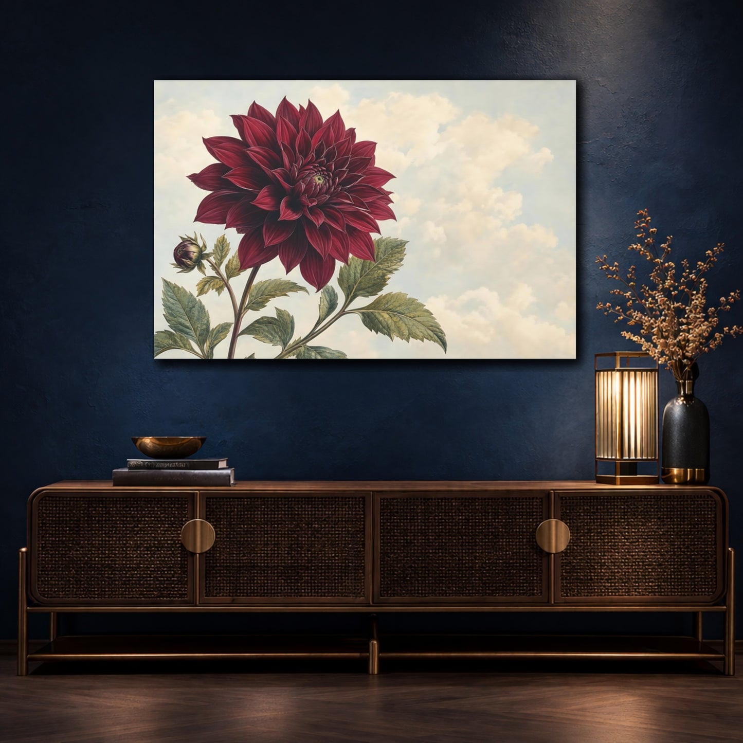 Mockup 4. Floral Dahlia Burgundy Dahlia shown as stretched canvas wall art