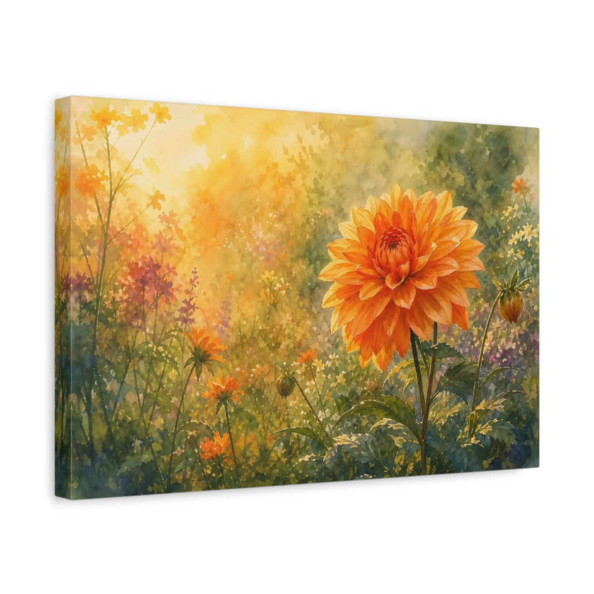 Side Mockup 4. Floral Dahlia Flower Orange Gold Floral shown as stretched canvas wall art