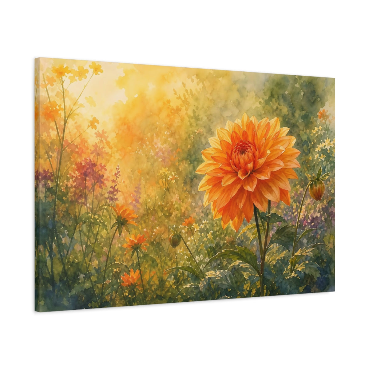 Main Mockup. Floral Dahlia Flower Orange Gold Floral shown as stretched canvas wall art