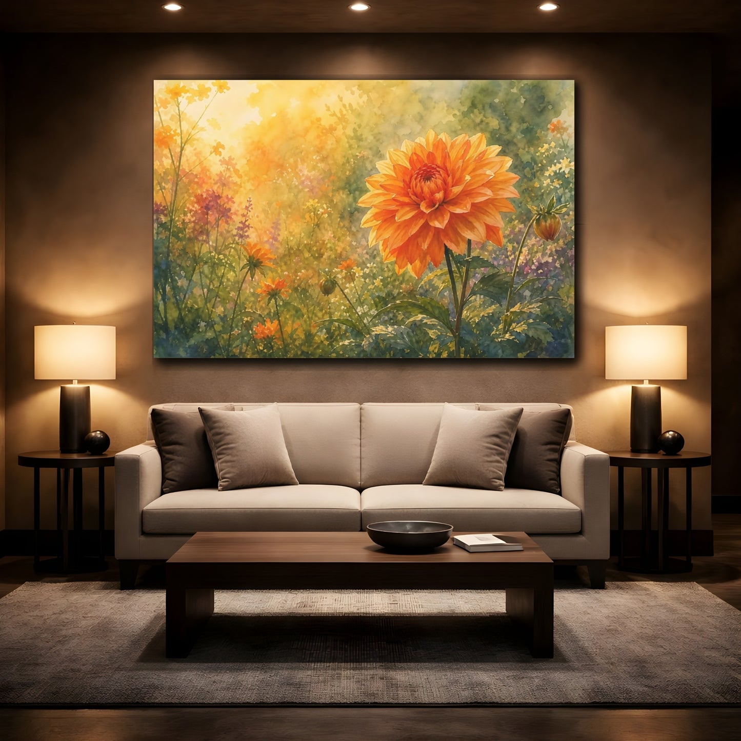 Mockup 2. Floral Dahlia Flower Orange Gold Floral shown as stretched canvas wall art