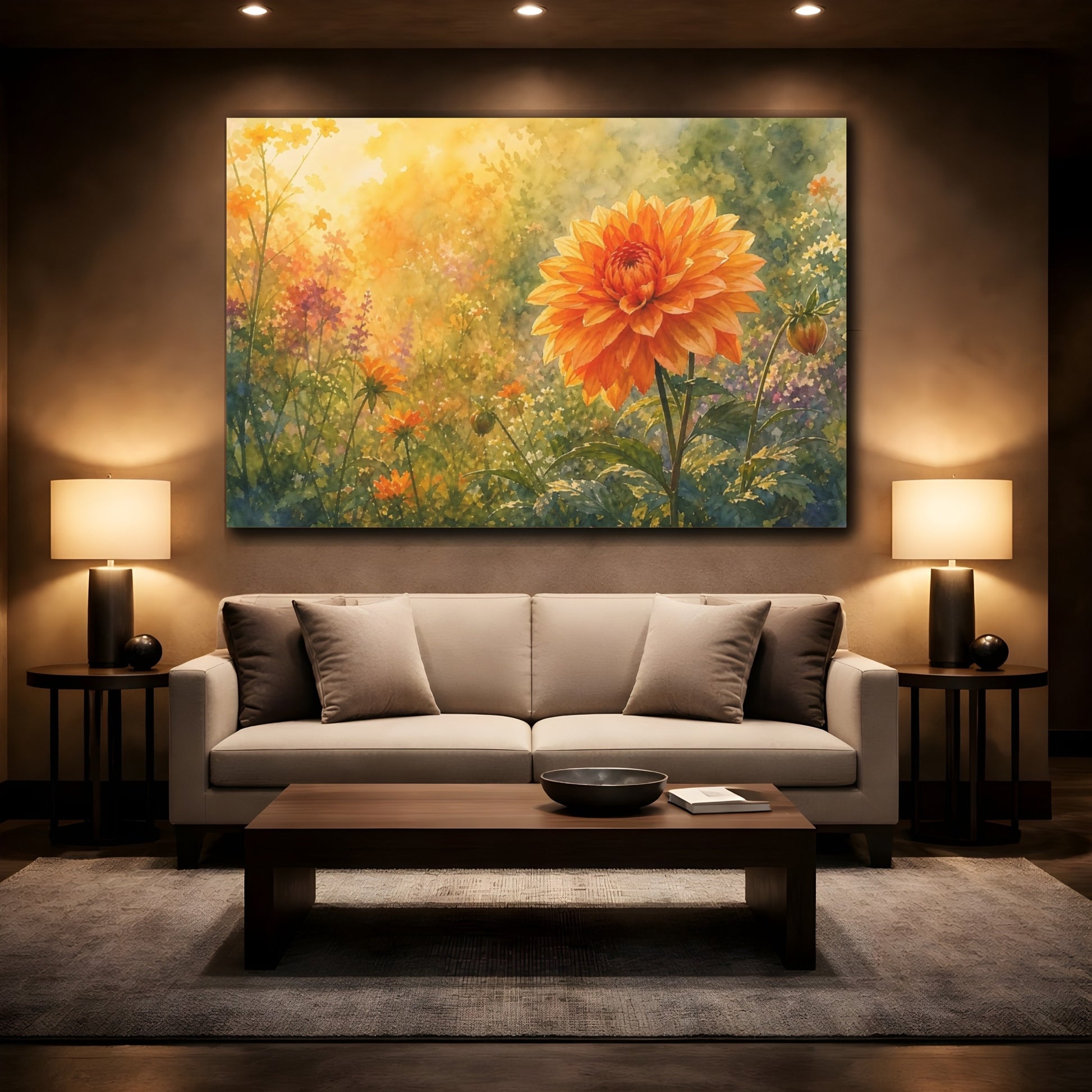 Mockup 2. Floral Dahlia Flower Orange Gold Floral shown as stretched canvas wall art