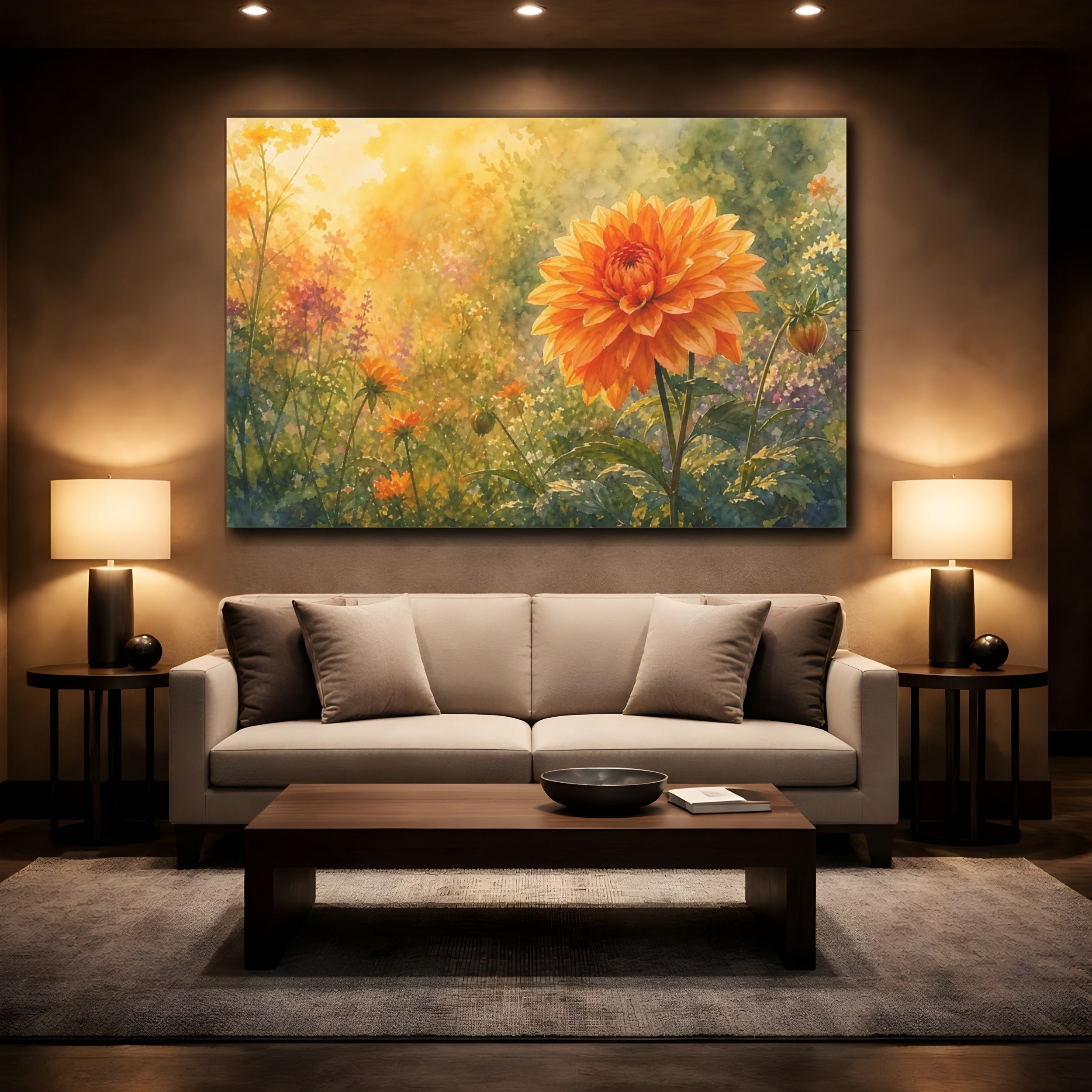 Mockup 2. Floral Dahlia Flower Orange Gold Floral shown as stretched canvas wall art