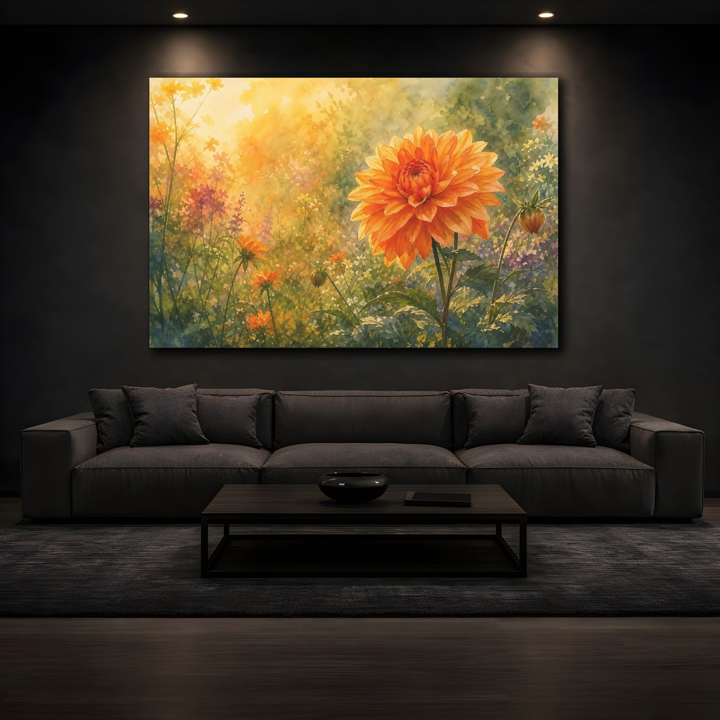 Mockup 3. Floral Dahlia Flower Orange Gold Floral shown as stretched canvas wall art