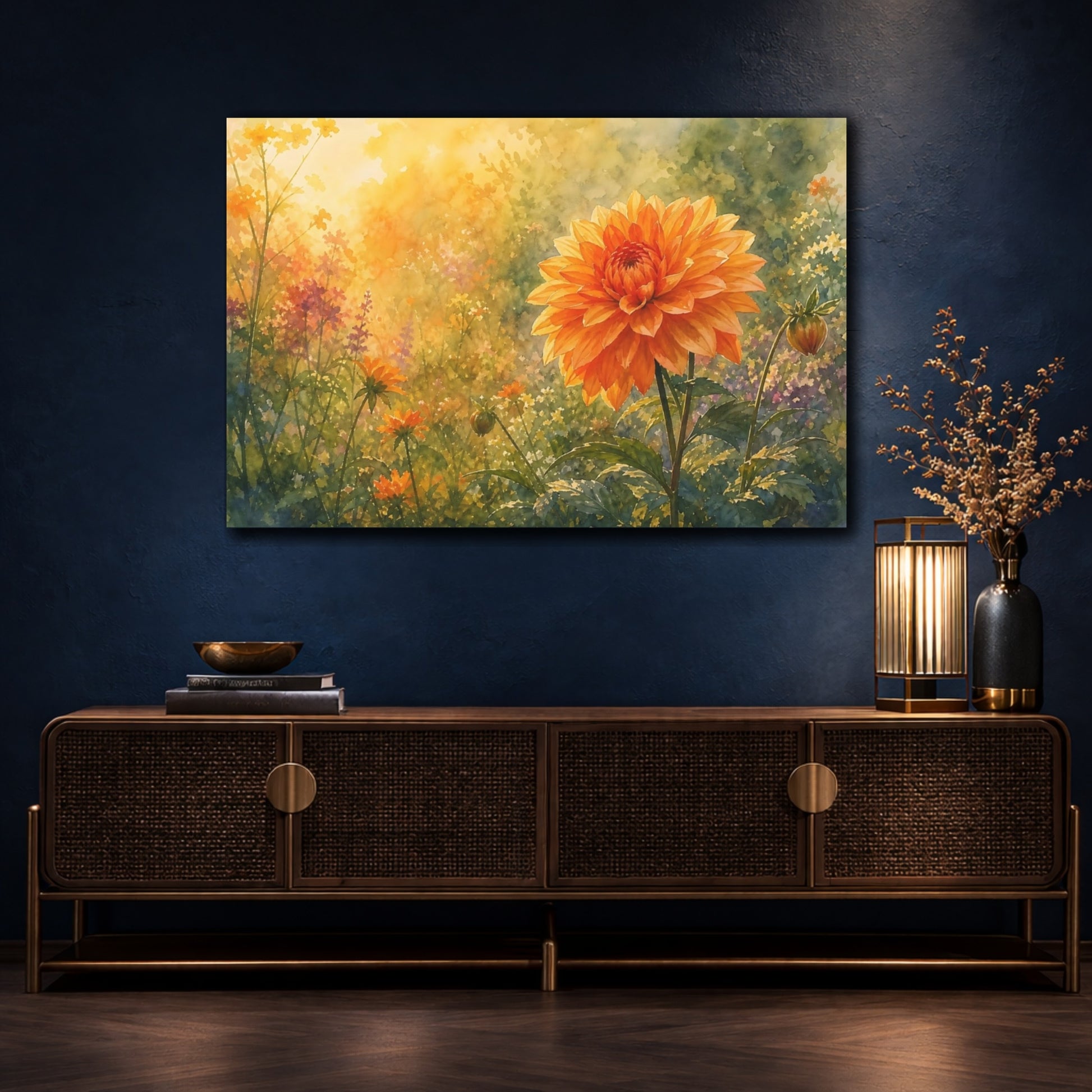Mockup 4. Floral Dahlia Flower Orange Gold Floral shown as stretched canvas wall art