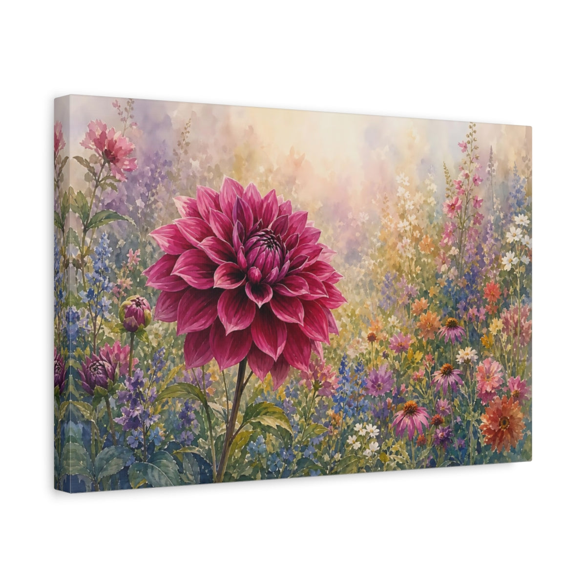 Side Mockup 4. Floral Dahlia Flower Pink Dahlia shown as stretched canvas wall art