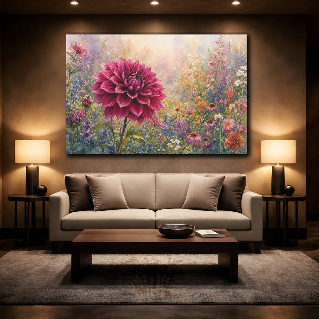 Mockup 2. Floral Dahlia Flower Pink Dahlia shown as stretched canvas wall art