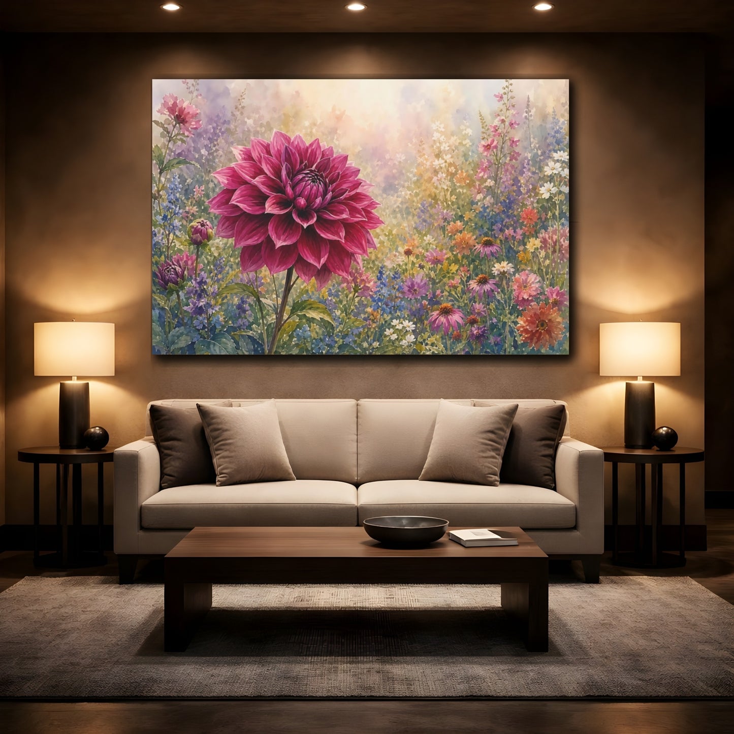 Mockup 2. Floral Dahlia Flower Pink Dahlia shown as stretched canvas wall art