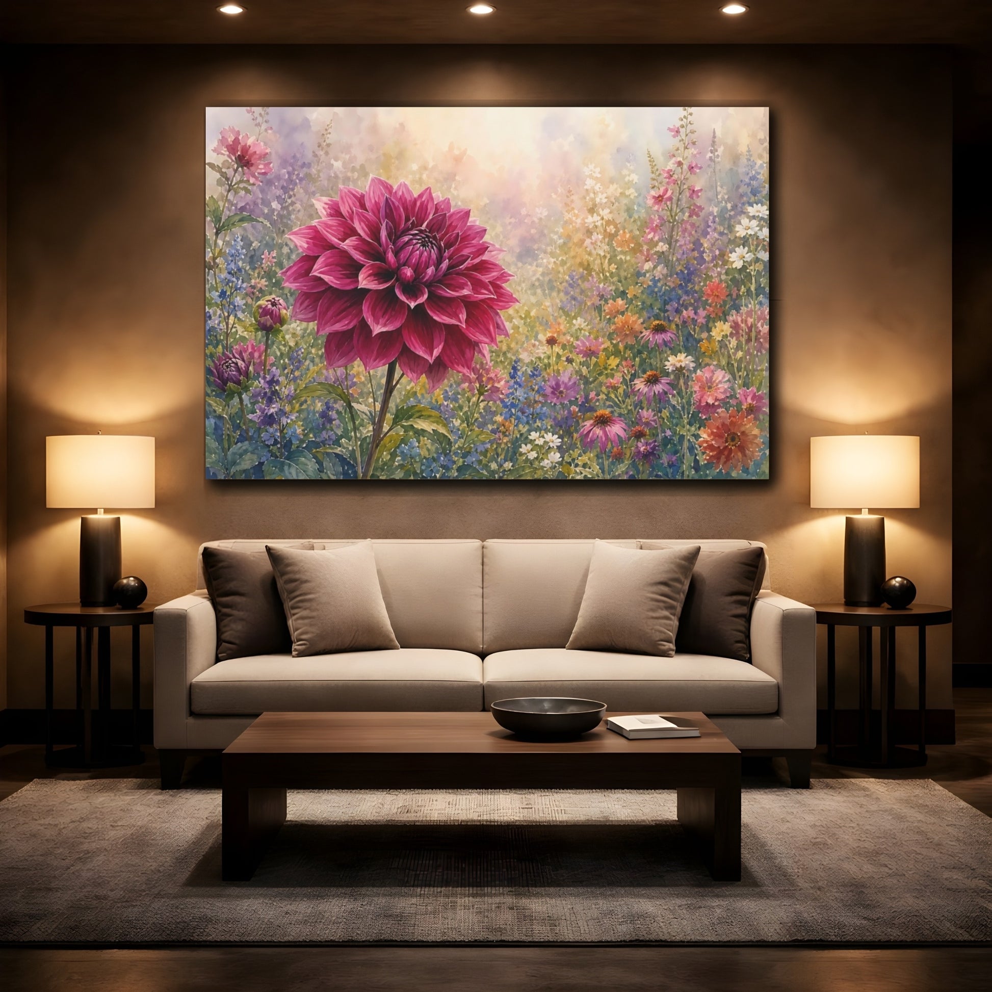 Mockup 2. Floral Dahlia Flower Pink Dahlia shown as stretched canvas wall art