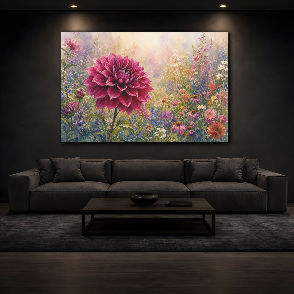 Mockup 3. Floral Dahlia Flower Pink Dahlia shown as stretched canvas wall art