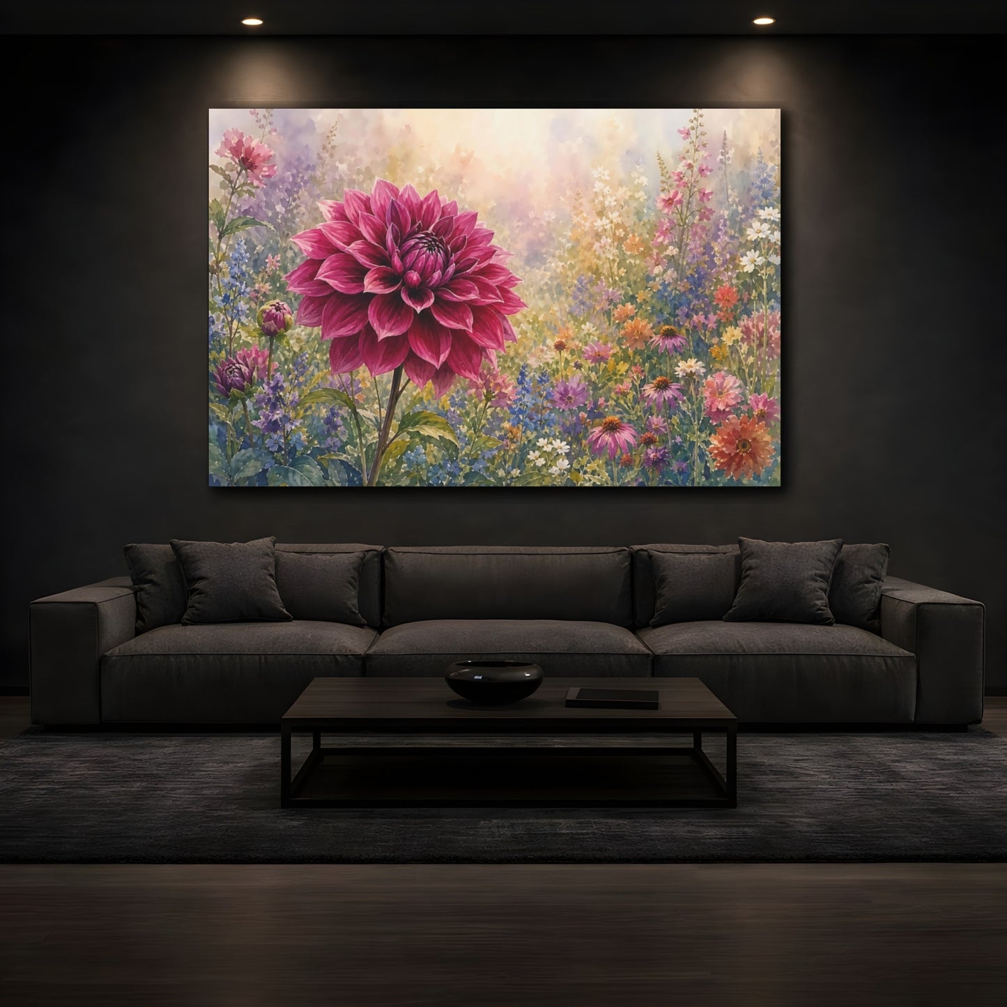Mockup 3. Floral Dahlia Flower Pink Dahlia shown as stretched canvas wall art