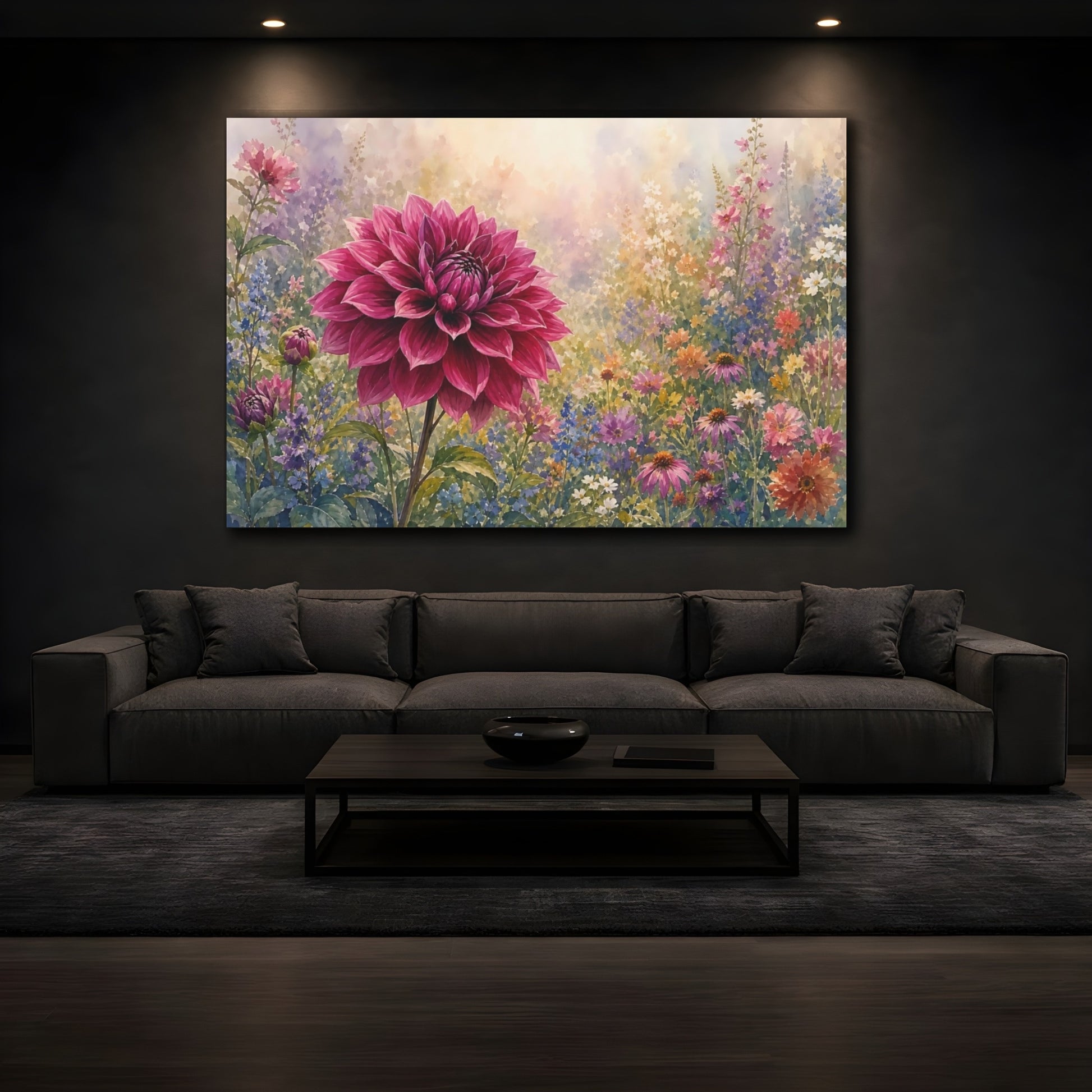 Mockup 3. Floral Dahlia Flower Pink Dahlia shown as stretched canvas wall art