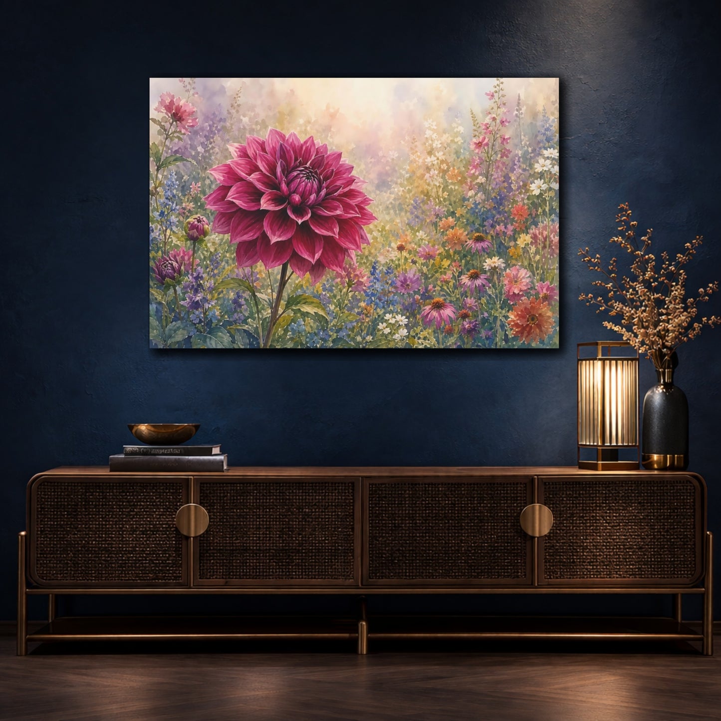 Mockup 4. Floral Dahlia Flower Pink Dahlia shown as stretched canvas wall art