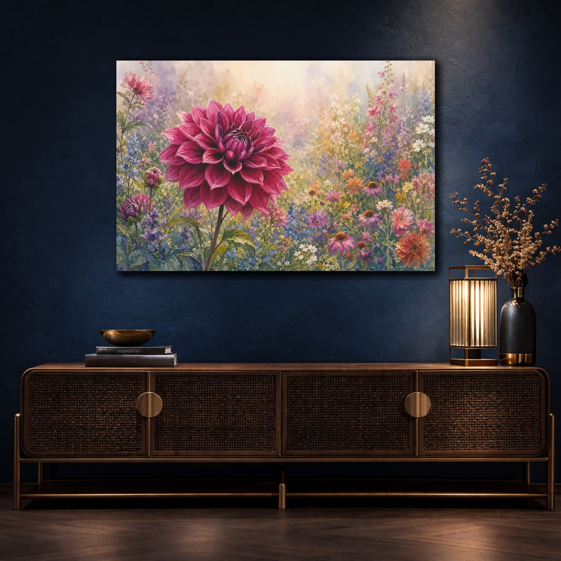Mockup 4. Floral Dahlia Flower Pink Dahlia shown as stretched canvas wall art