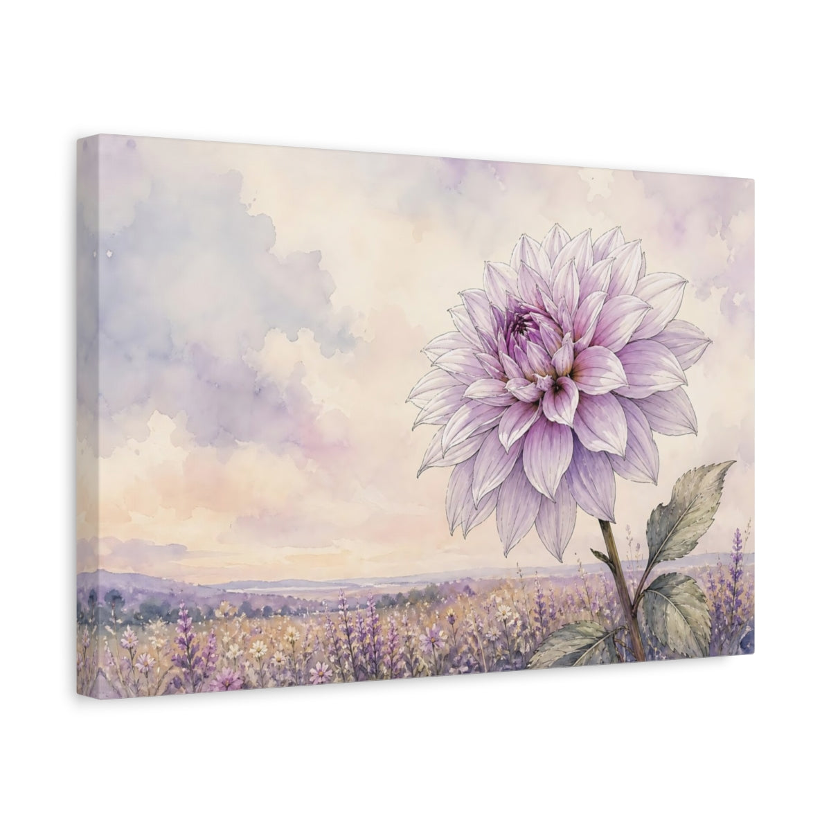 Side Mockup 4. Floral Dahlia Flower Purple Floral Field shown as stretched canvas wall art