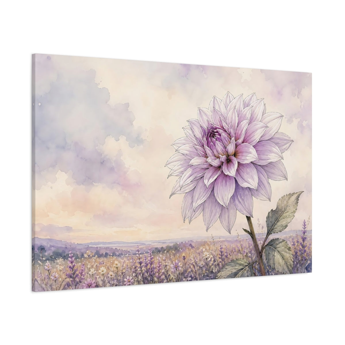 Side Mockup 1. Floral Dahlia Flower Purple Floral Field shown as stretched canvas wall art