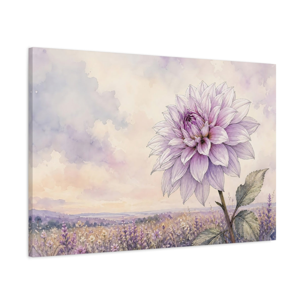Main Mockup. Floral Dahlia Flower Purple Floral Field shown as stretched canvas wall art