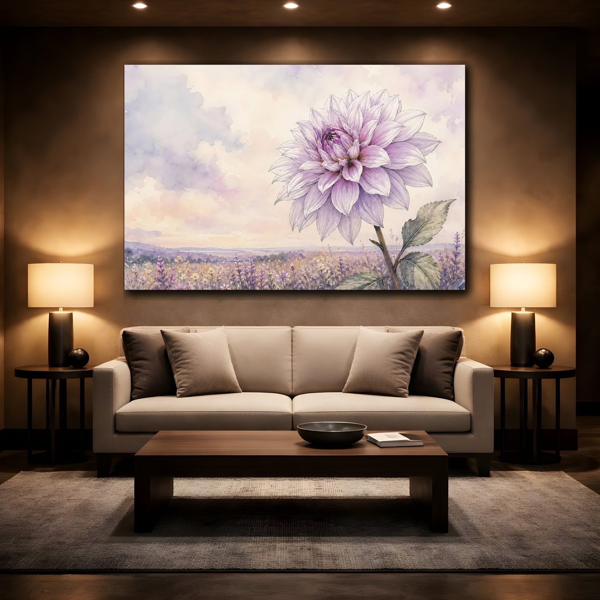 Mockup 2. Floral Dahlia Flower Purple Floral Field shown as stretched canvas wall art
