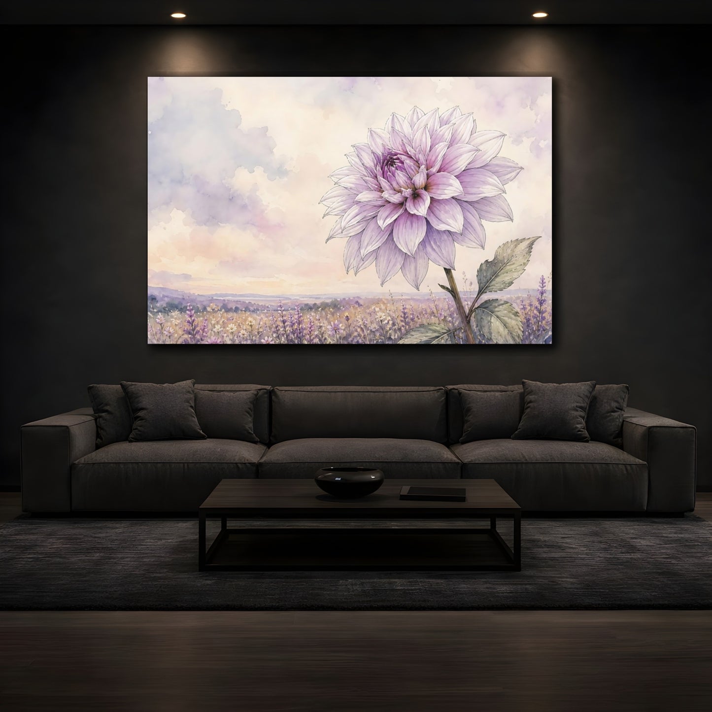 Mockup 3. Floral Dahlia Flower Purple Floral Field shown as stretched canvas wall art