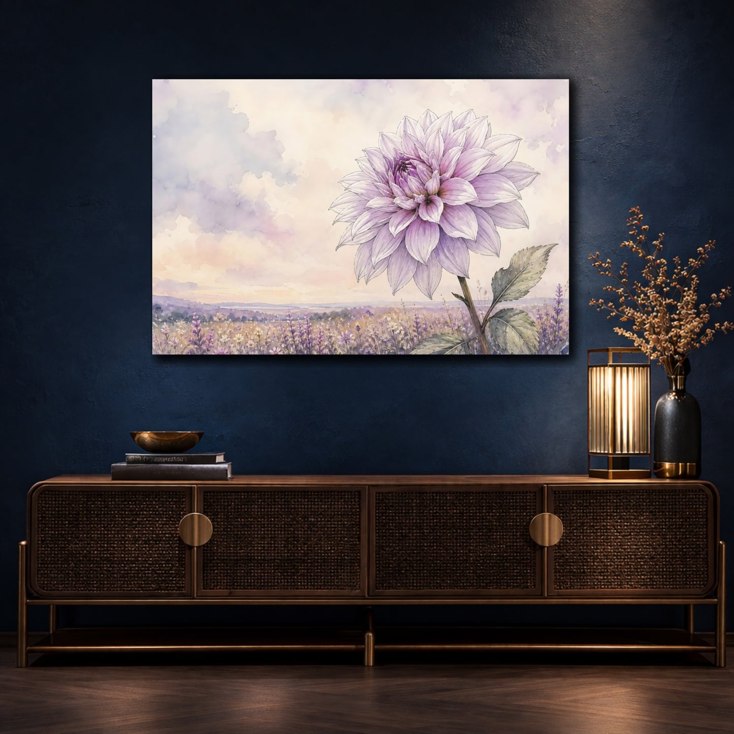 Mockup 4. Floral Dahlia Flower Purple Floral Field shown as stretched canvas wall art