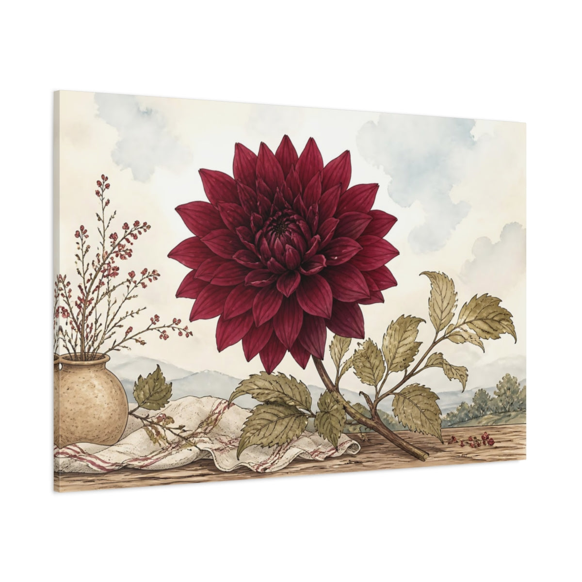 Side Mockup 1. Floral Dahlia Flower Red Dahlia shown as stretched canvas wall art