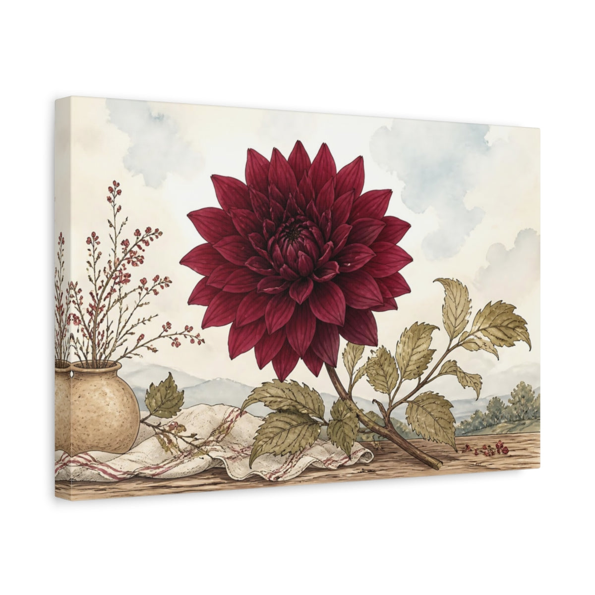 Side Mockup 4. Floral Dahlia Flower Red Dahlia shown as stretched canvas wall art