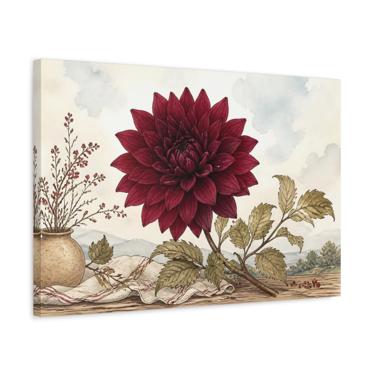 Side Mockup 3. Floral Dahlia Flower Red Dahlia shown as stretched canvas wall art
