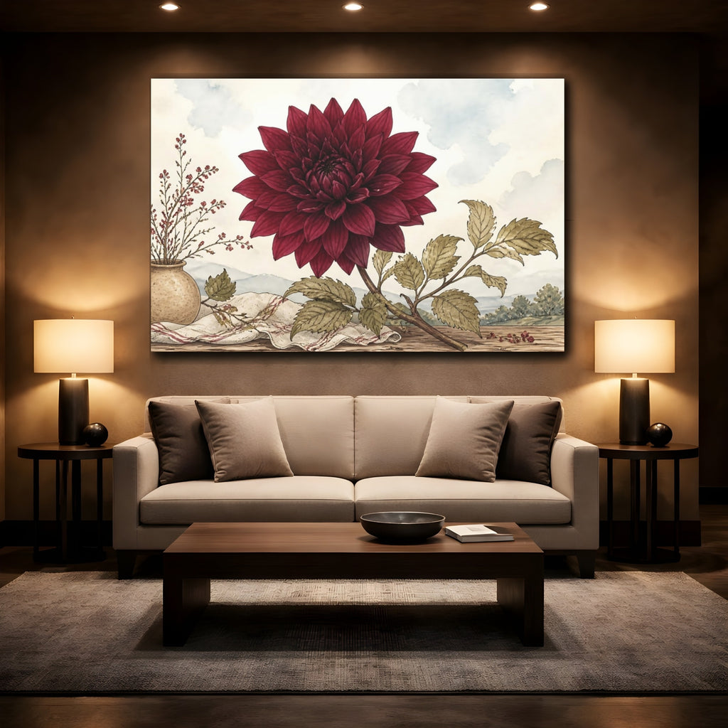 Mockup 2. Floral Dahlia Flower Red Dahlia shown as stretched canvas wall art