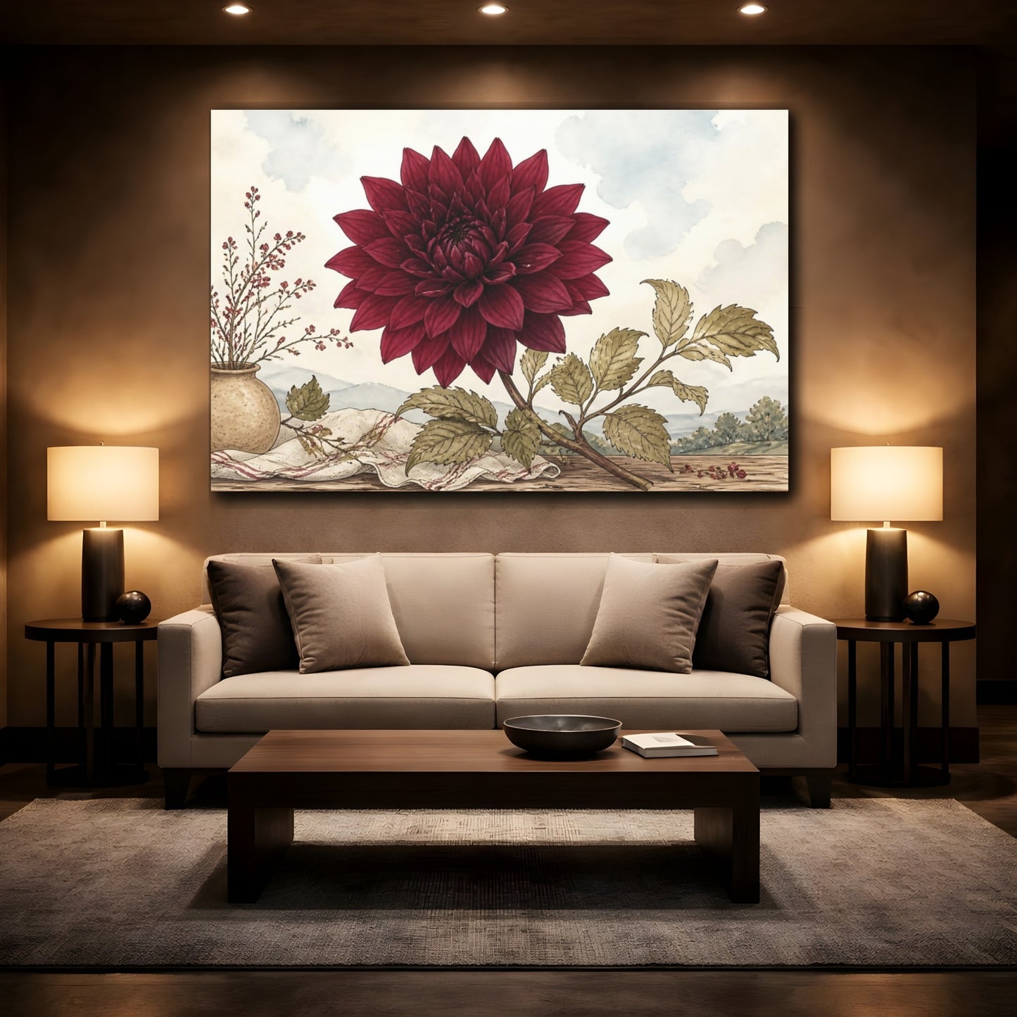 Mockup 2. Floral Dahlia Flower Red Dahlia shown as stretched canvas wall art