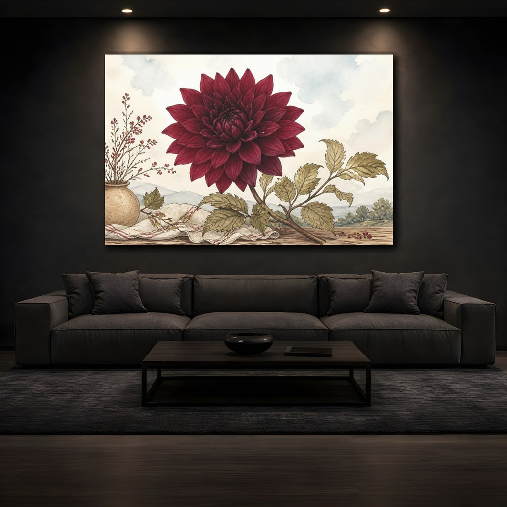 Mockup 3. Floral Dahlia Flower Red Dahlia shown as stretched canvas wall art